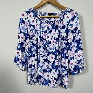 Anne Carson Floral Blouse Womens Medium Blue Purple 3/4 Sleeve Excellent Rayon